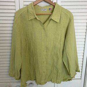 Russ Berens 100% Linen Shirt Womens XL Lime Green Button 3/4 Sleeve Ruffle USA